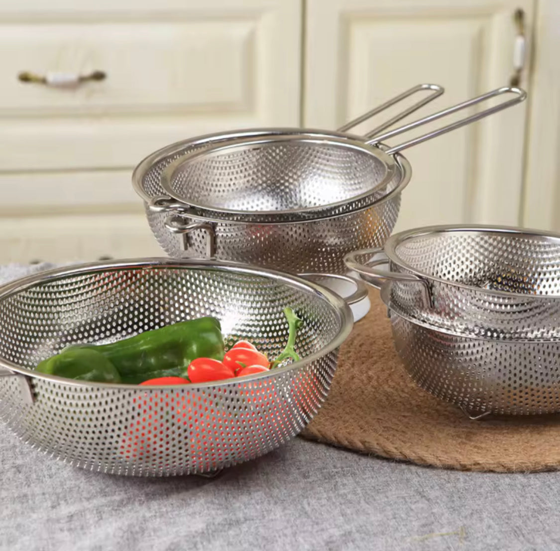 Stainless Steel Colander With Double Handle, Vegetable Strainer Bowl, Kitchen Steel Mesh Strainer Colander